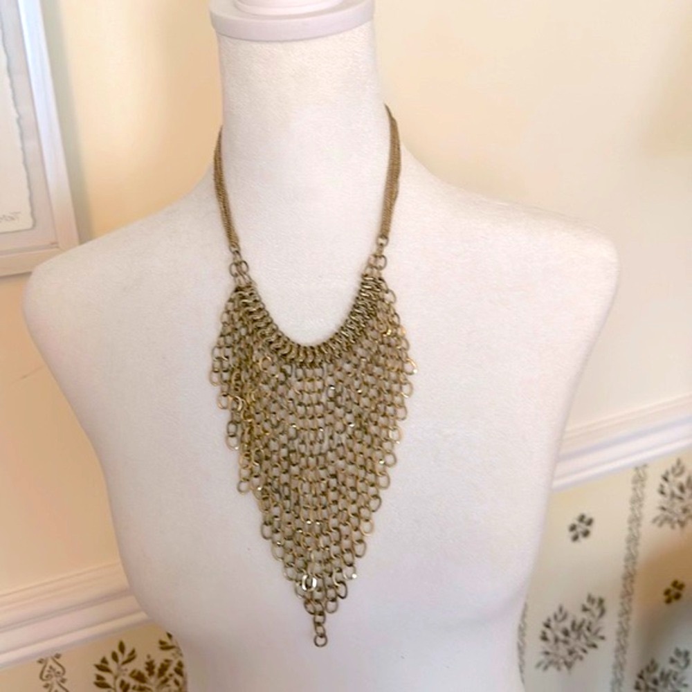 Gold Tone Multi Chain V-Neck Bib Statement Necklace Chainmail Vintage Style